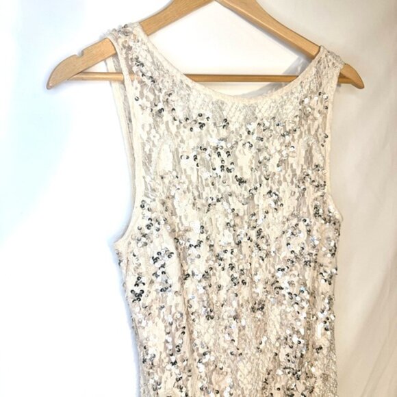 Aidan Mattox Silver Cream Sequin and Lace Neutral Mini Cocktail Dress Size 6 - Picture 3 of 15